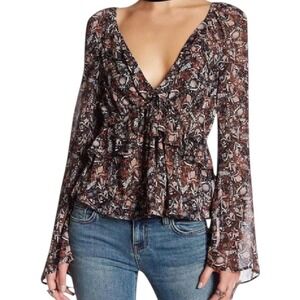 Free People Uptown Boho Floral Tie Front Bell Sleeve Peasant Blouse Top Sz Small